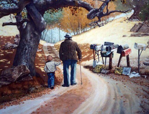 Bedstefar går med barnebarn i hånden