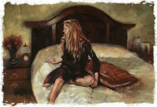 Maleri af kvinde i seng som symbol for at rede sengen om morgenen