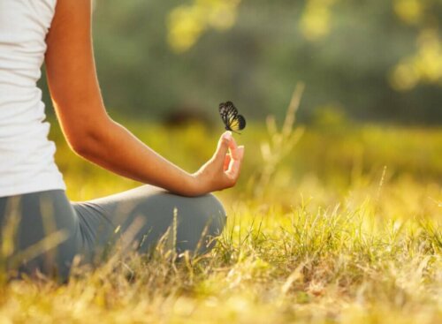 Sommerfugl sætter sig på kvinde, der mediterer