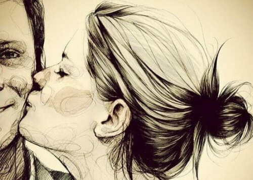 Tegning af pige, der kysser dreng