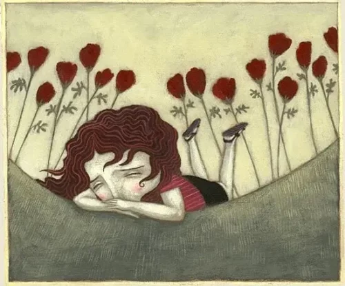 Tegning af en trist pige, der ligger ned