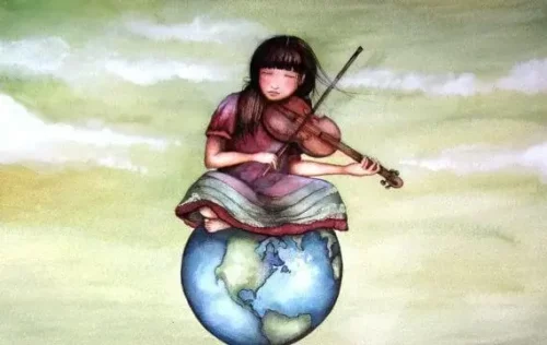 Pige spiller violin ovenpå verden som symbol for, hvordan overdrevne komplimenter ødelægger selvværdet i barndommen