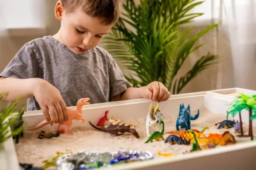Dreng leger med dinosaurer i sandkasse som symbol for sandkasseterapien, der er udviklet af Dora Maria Kalff