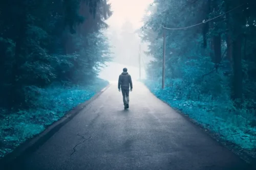 Mand går alene i skov