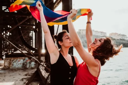 Kvinder danser med regnbueflag og repræsenter LGBTIQ+-bevægelsen