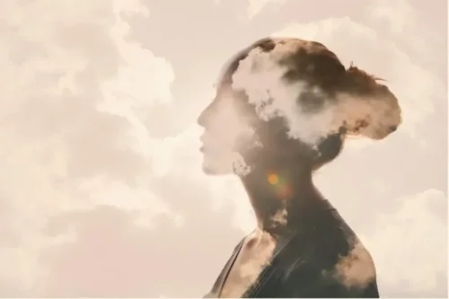 Kvindes silhuet foran skyer