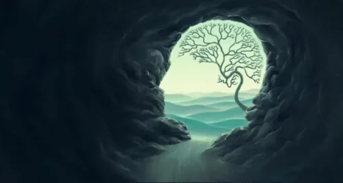 Grotte med form som et hoved, hvor træ danner hjernen