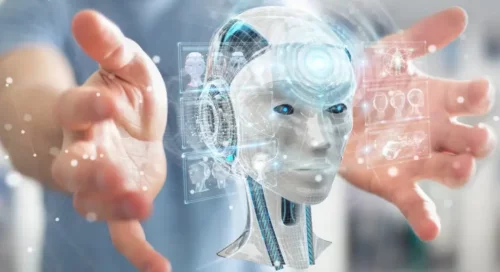 Robot mellem hænder repræsenterer at bruge kunstig intelligens etisk korrekt